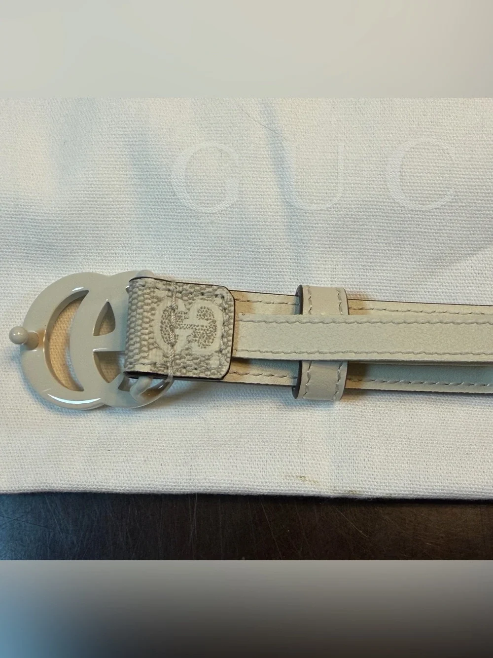 New Gucci GG Logo Buckle Ivory Gray Leather Belt Size 42 / 105 cm Waist 38 - 42 - Picture 12 of 13